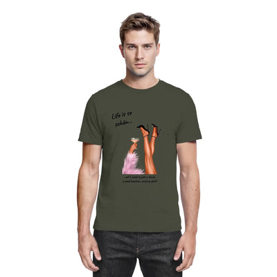 Olivegrünes damen baumwoll t shirt mit grafik von beinen in high heels die cocktailglas halten aus der statement collection