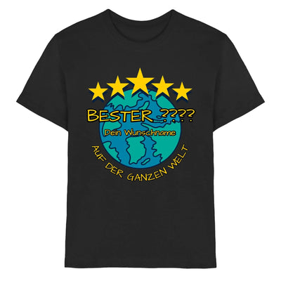 Schwarzes t-shirt mit buntem globus und fünf gelben sternen plus personalisiertem deutschem text aus der 5 sterne motiv kollektion