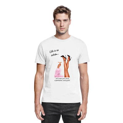 Weißes baumwoll-t-shirt mit cocktail-motiv und text life is so schön aus der ladies party-beine statement-collection