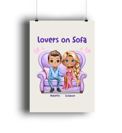 Lila cartoon poster mit roberto und susanne auf sofa lovers on sofa personalisierte figuren statement collection