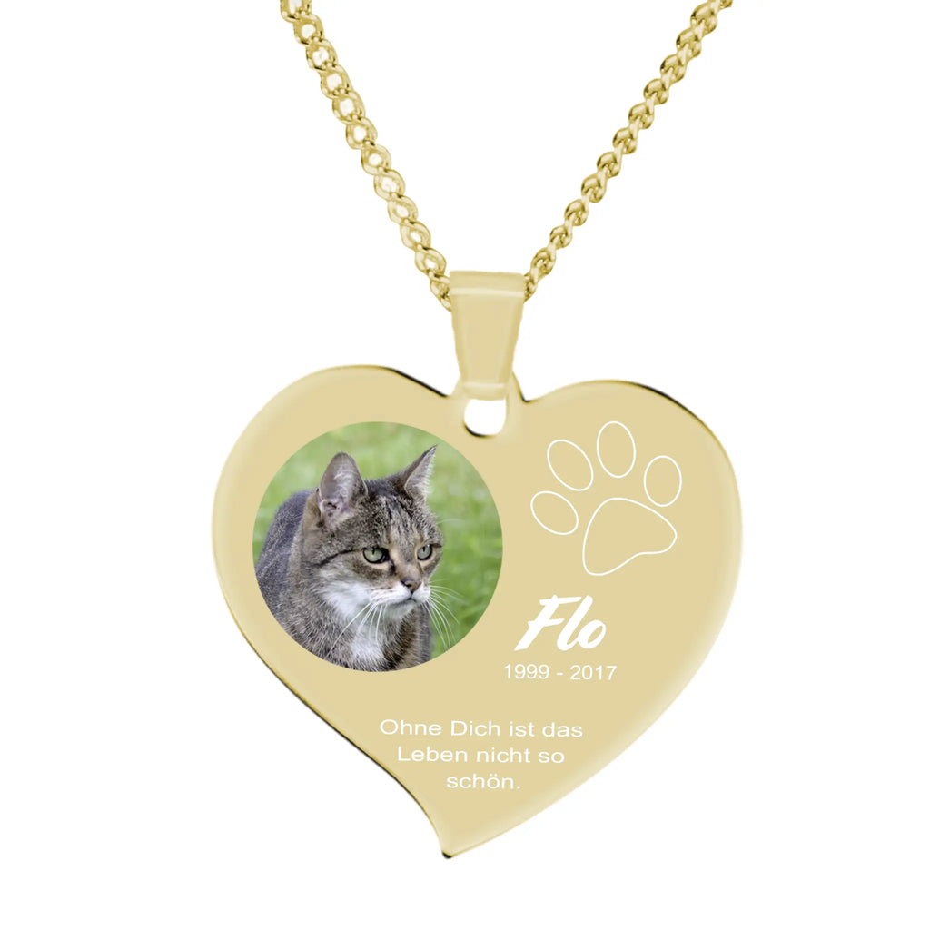 Foto-halskette in herzform gold mit foto einer getigerten katze gravur flo paw print und spruch ohne dich ist