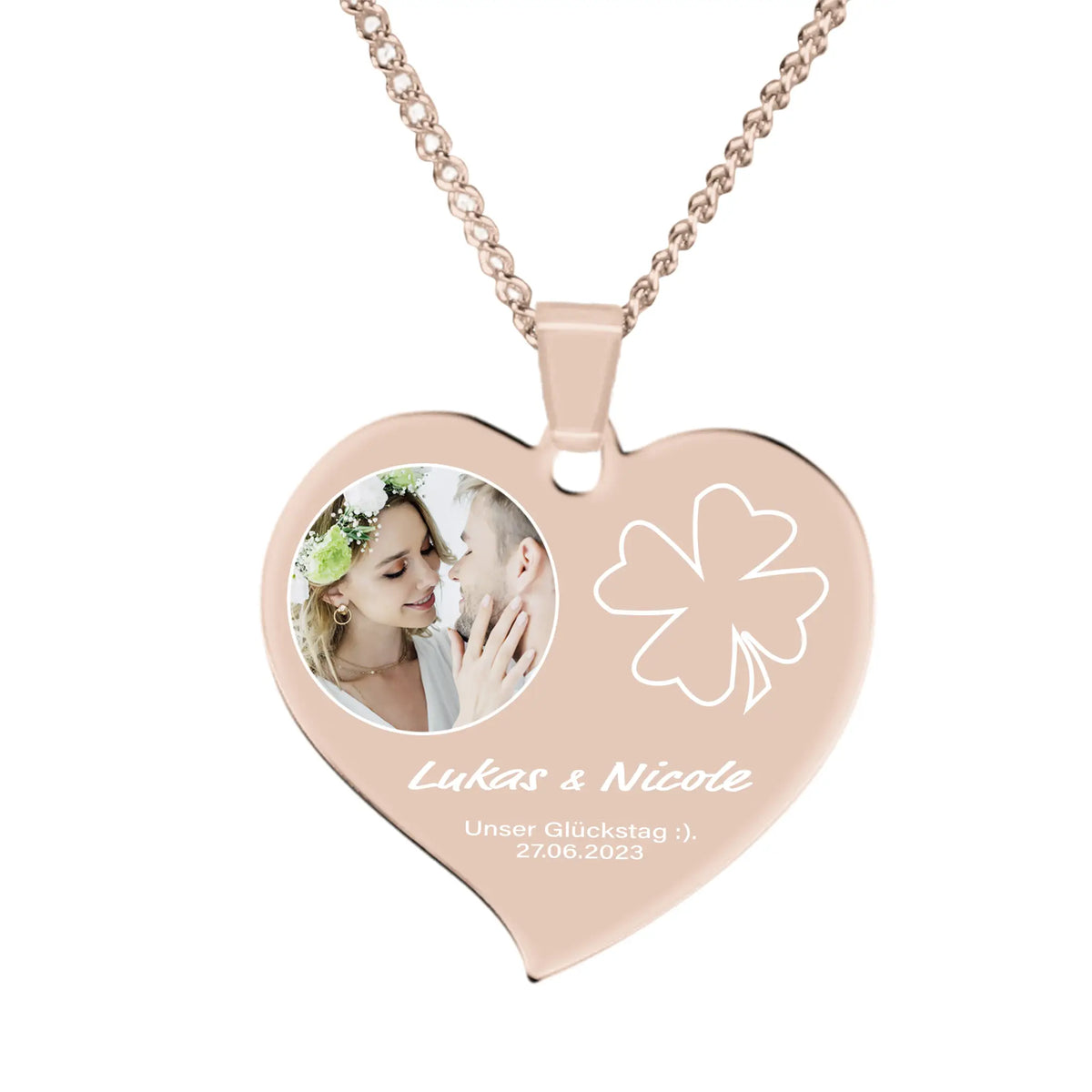 Rose gold herzförmige foto-halskette mit kreisförmigem fotoeinsatz und graviertem vierblättrigen klee designs
