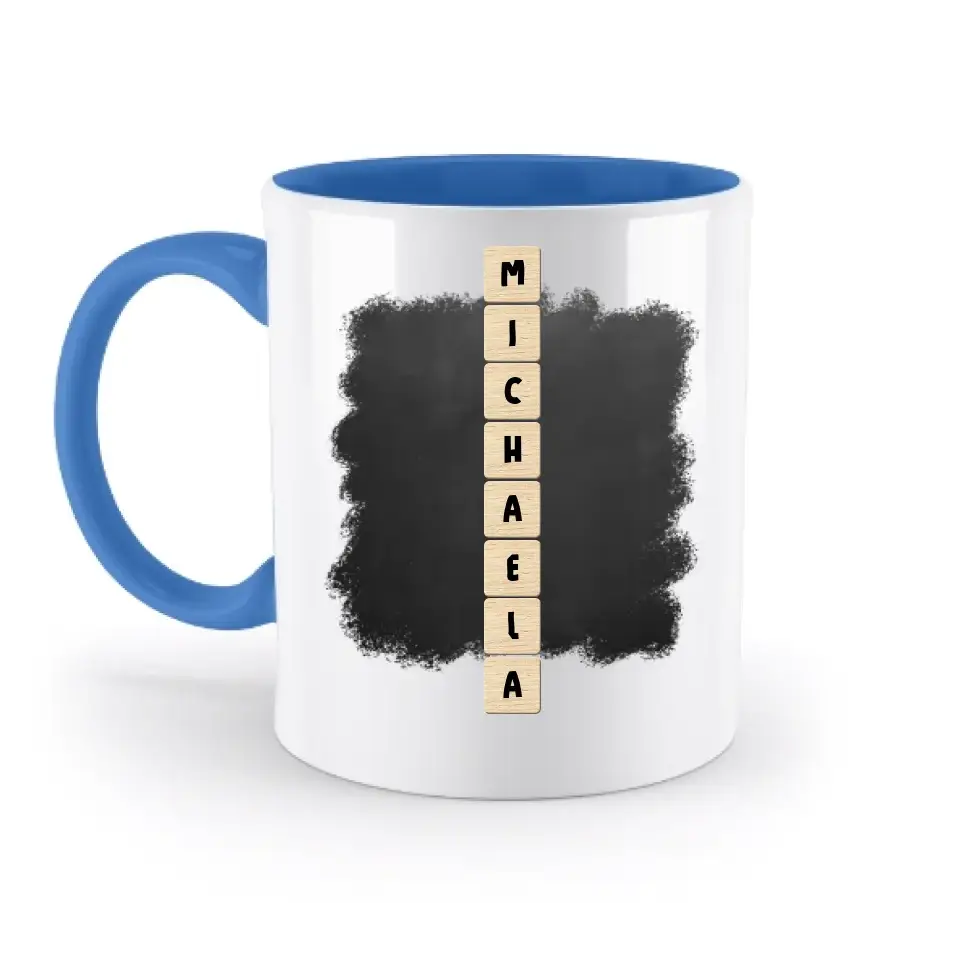 8in1-Kollektion: Scrabble vertikal 1 Zeile • personalisiert • diverse Artikel - zweifarbige Tasse