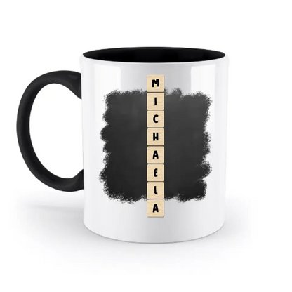8in1-Kollektion: Scrabble vertikal 1 Zeile • personalisiert • diverse Artikel - zweifarbige Tasse