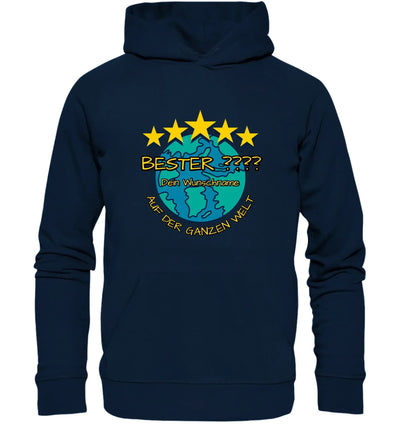 Navyblauer kapuzenpullover mit buntem erdglobus und fünf gelben sternen plus deutschem text aus der statement collection