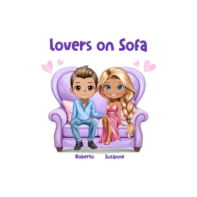 Lila gepolsterter sessel mit rollenarmen und gepolstertem sitz zwei cartoonfiguren sitzen darauf lovers on sofa figurenset