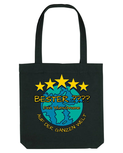 Schwarze canvas-tasche mit gelben sternen und blauem globus, personalisierbarer text aus der statement-collection