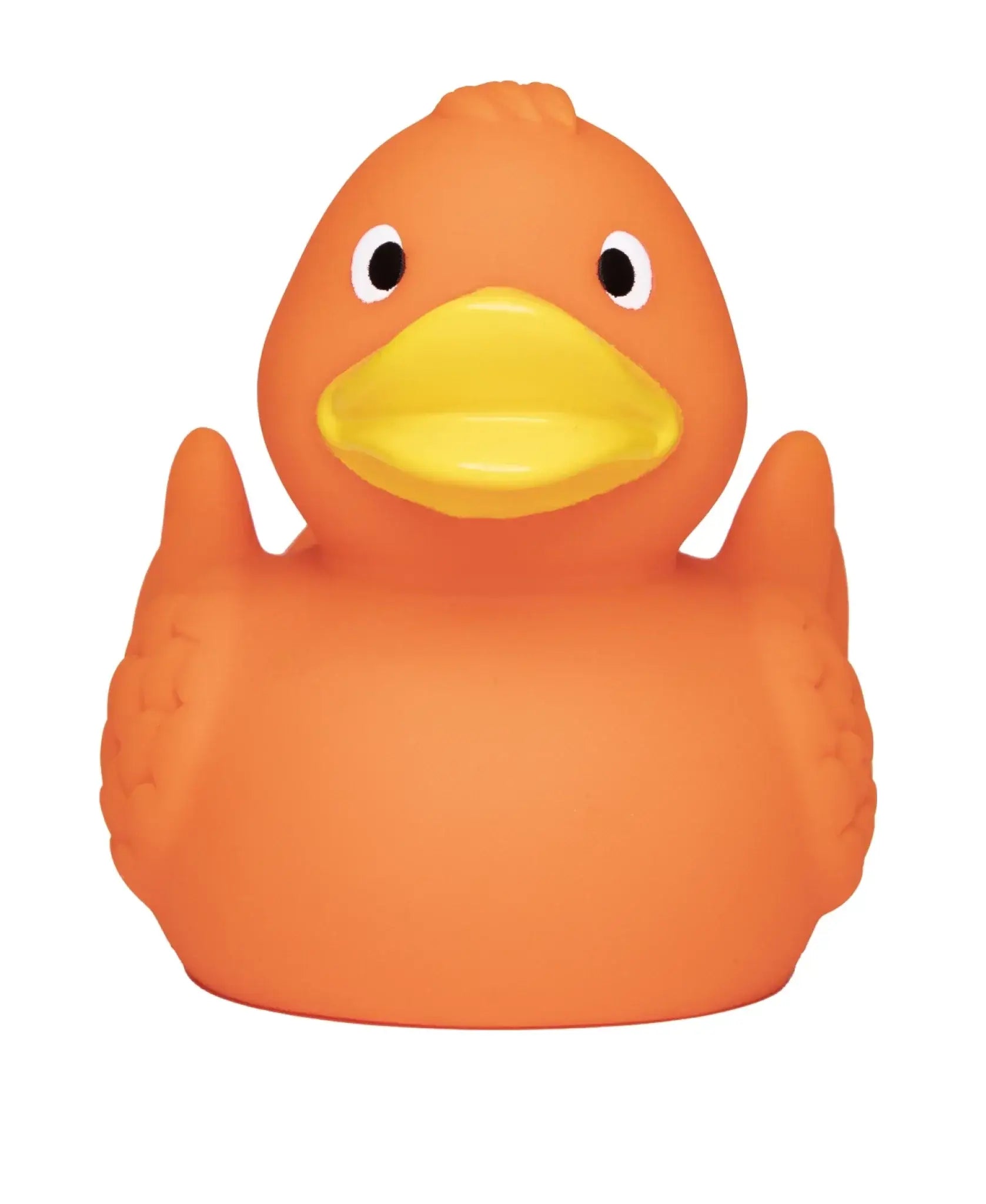 Orange gummiente mit gelbem schnabel und federnoptik als werbemittel für b2b und anlässe