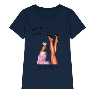 Marine blaues damen t-shirt mit grafik high heels und federboa text life is so schön personalisierte party-beine