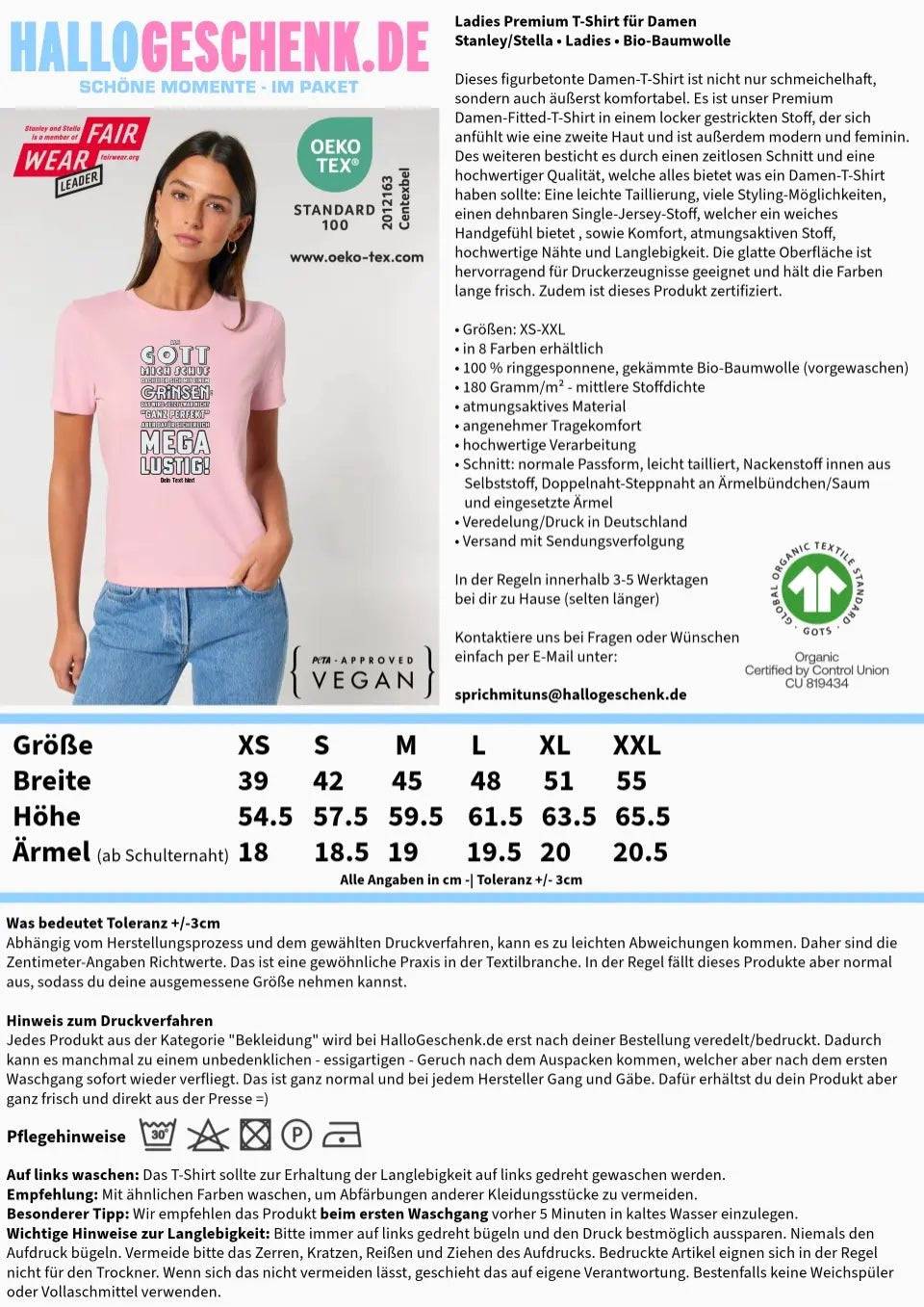 Als Gott mich schuf • Ladies Premium T-Shirt XS-2XL aus Bio-Baumwolle für Damen • Exklusivdesign • personalisiert