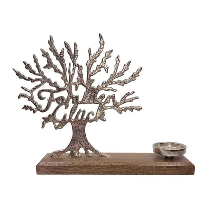 Aluminium-Baum mit Kerzenhalter, Schriftzug "Familienglück", 37 x 8 x 28 cm, silber - Dekorativer Kerzenständer für ein harmonisches Zuhause