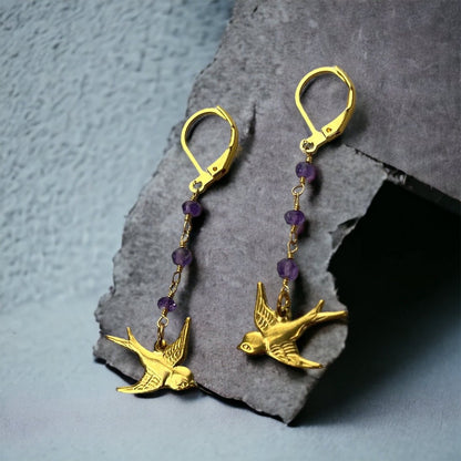 Amethyst Schwalben Gold Ohrhänger - VINOHR-61