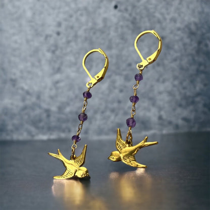 Amethyst Schwalben Gold Ohrhänger - VINOHR-61