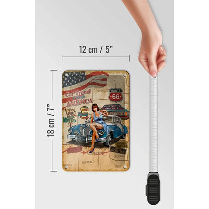 Blechschild Retro 12x18cm Pinup Car Travel trough America Dekoration