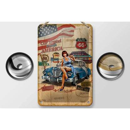 Blechschild Retro 12x18cm Pinup Car Travel trough America Dekoration