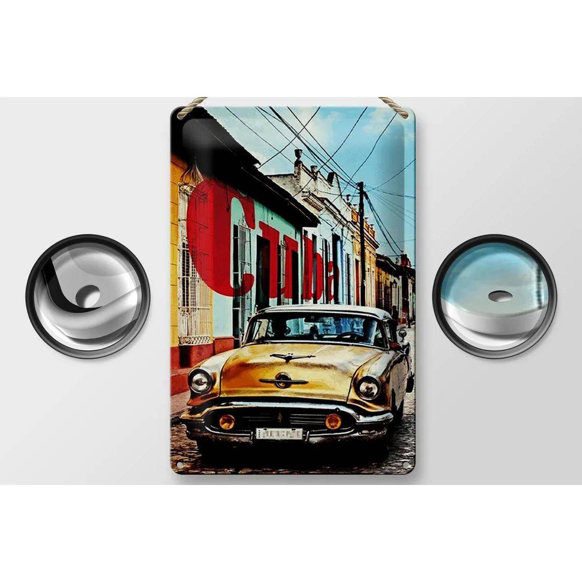 Blechschild Spruch 20x30cm Kuba Cuba altes gelbes Auto Oldtimer in Gasse bunt