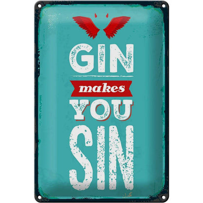 Blechschild Spruch Gin makes you Sin Devil Hell 20x30cm