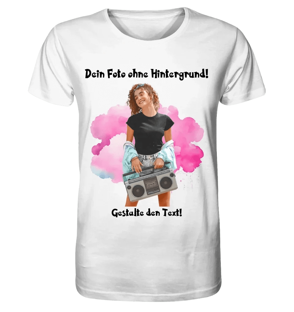 Dein FOTO mit Hintergrundentferner + Text + Hintergrund optional • Unisex Premium T-Shirt XS-5XL aus Bio-Baumwolle für Damen & Herren • Exklusivdesign • personalisiert • KI-MAGIC-CUT