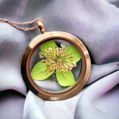 Dillblüte Echtes Blatt Medaillon Kette - 925 Sterling Rosegold Vergoldete Halskette - K925-66