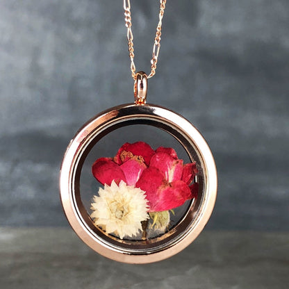 Echte Rose und Chrysantheme 925 Sterling Rosegold Vergoldete Medaillonkette - K925-127