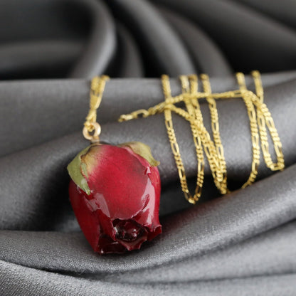 Echte Rote Rose Anhänger Halskette - 925 Sterling Gold Vergoldet - PR052