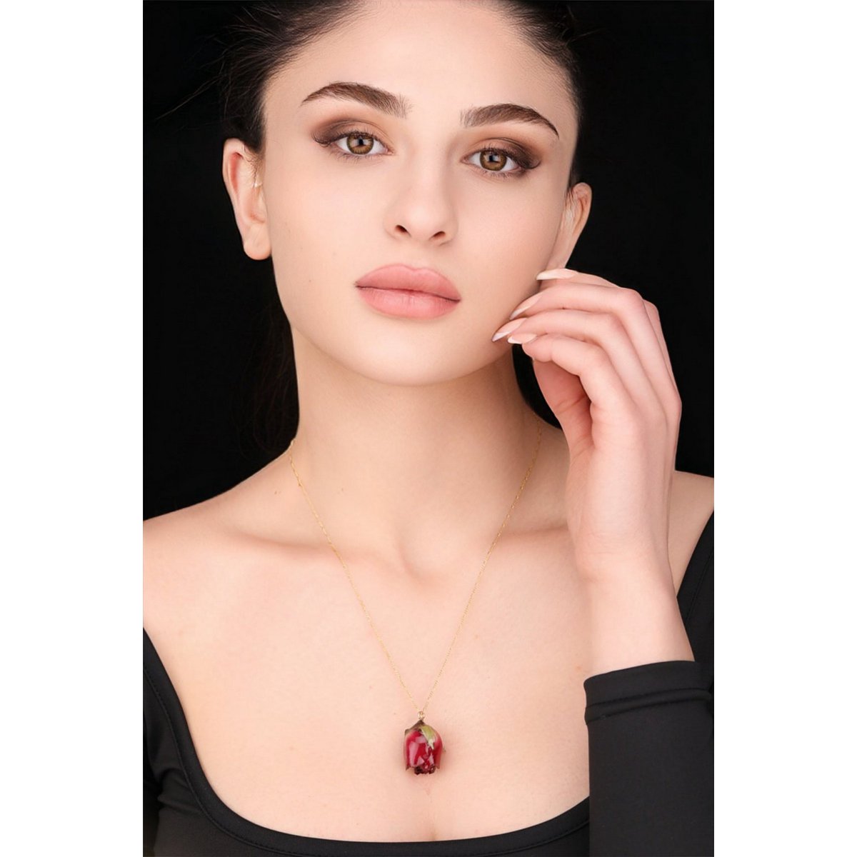 Echte Rote Rose Anhänger Halskette - 925 Sterling Gold Vergoldet - PR052