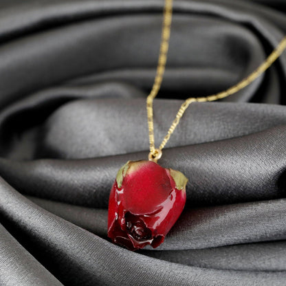 Echte Rote Rose Anhänger Halskette - 925 Sterling Gold Vergoldet - PR052