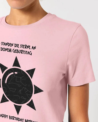 Echte Sternenkarte in Sonnenform mit Ort/Zeit und deinem Text • Ladies Premium T-Shirt XS-2XL aus Bio-Baumwolle für Damen • Exklusivdesign • personalisiert