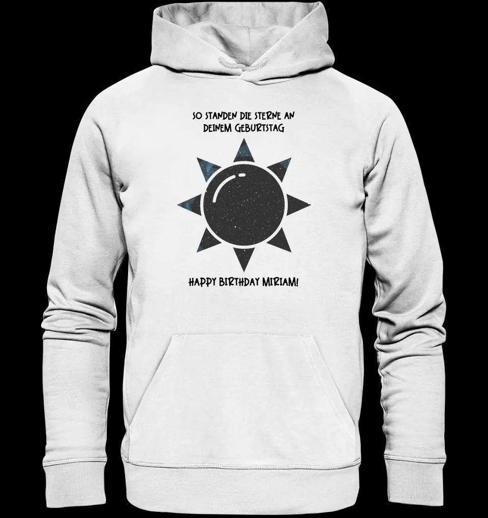 Echte Sternenkarte in Sonnenform mit Ort/Zeit und deinem Text • Unisex Premium Hoodie XS-5XL aus Bio-Baumwolle für Damen & Herren • Exklusivdesign • personalisiert