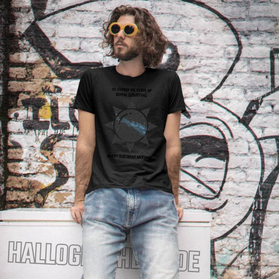 Echte Sternenkarte in Sonnenform mit Ort/Zeit und deinem Text • Unisex Premium T-Shirt XS-5XL aus Bio-Baumwolle für Damen & Herren • Exklusivdesign • personalisiert