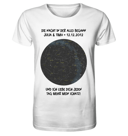 Echte Sternenkarte mit Ort/Zeit und deinem Text • Unisex Premium T-Shirt XS-5XL aus Bio-Baumwolle für Damen & Herren • Exklusivdesign • personalisiert