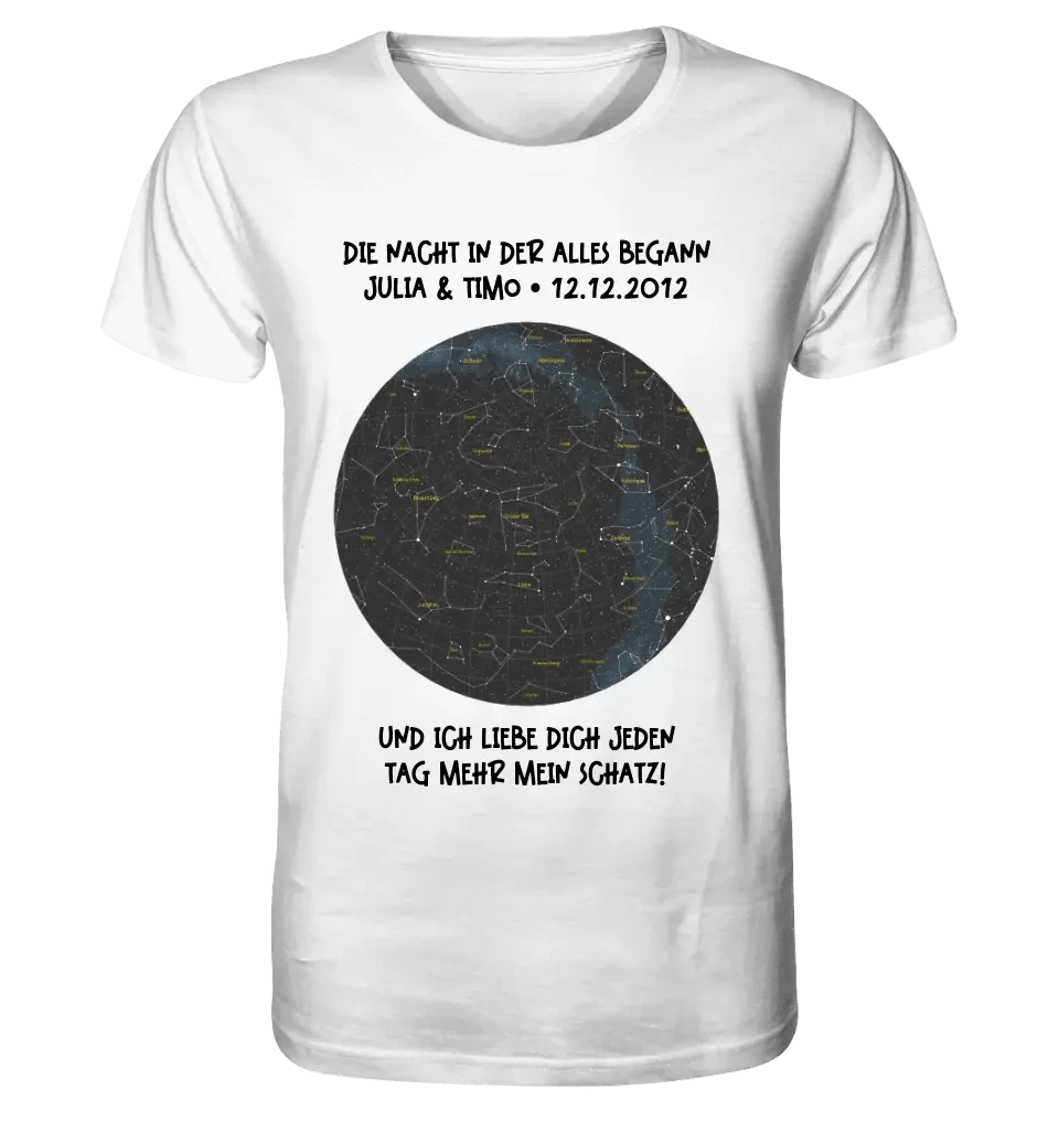 Echte Sternenkarte mit Ort/Zeit und deinem Text • Unisex Premium T-Shirt XS-5XL aus Bio-Baumwolle für Damen & Herren • Exklusivdesign • personalisiert