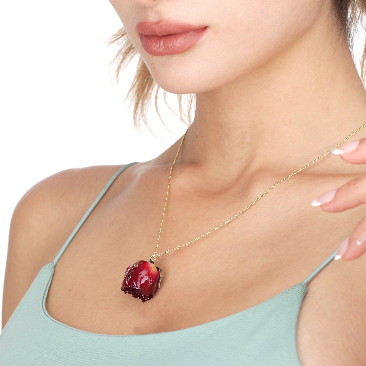 Echte XL Rose Anhänger - Rot - 925 Sterling Gold Vergoldete Halskette - K925-13