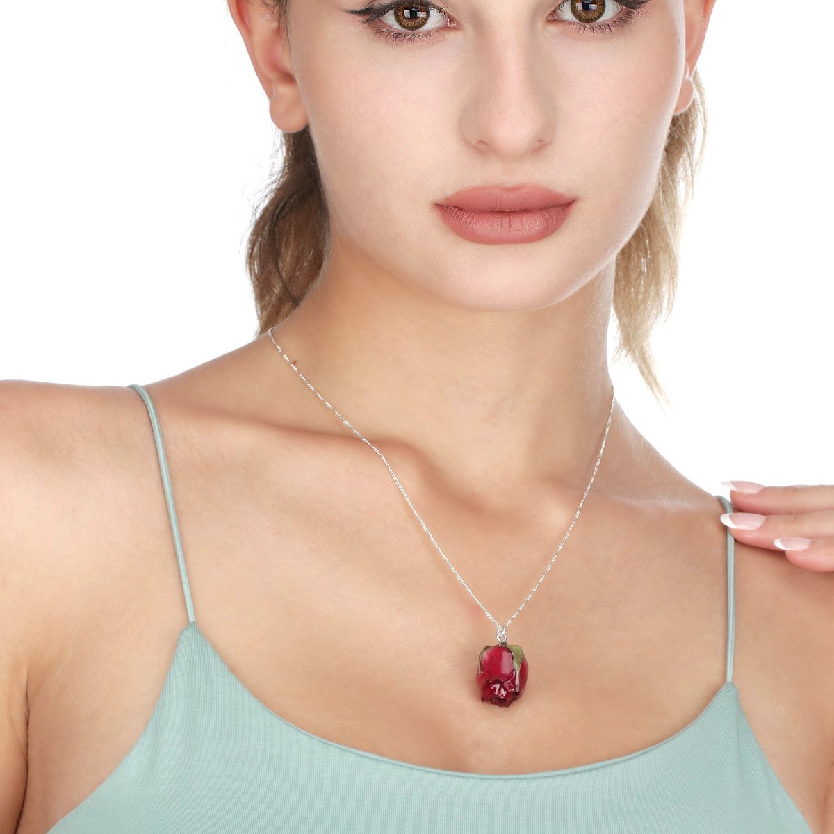 Echte XL Rose Anhänger - Rot - 925 Sterling Silber Halskette - K925-136