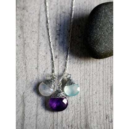 Edelsteinkette mit Aquamarin Mondstein & Amethyst - 925 Sterling Silber - K925-133