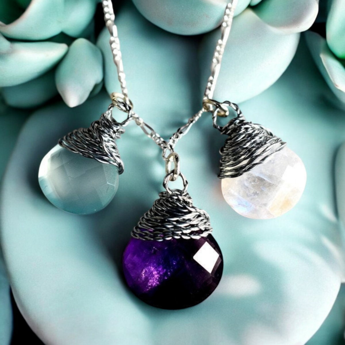 Edelsteinkette mit Aquamarin Mondstein & Amethyst - 925 Sterling Silber - K925-133