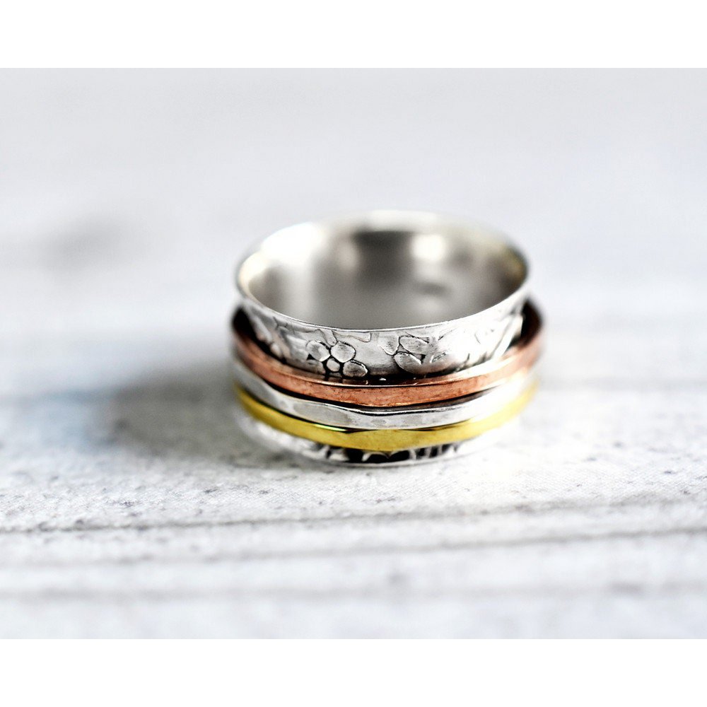 Floraler Meditationsring mit Dreifarbigen Band - 925 Sterling Silber Drehring - RG925-25