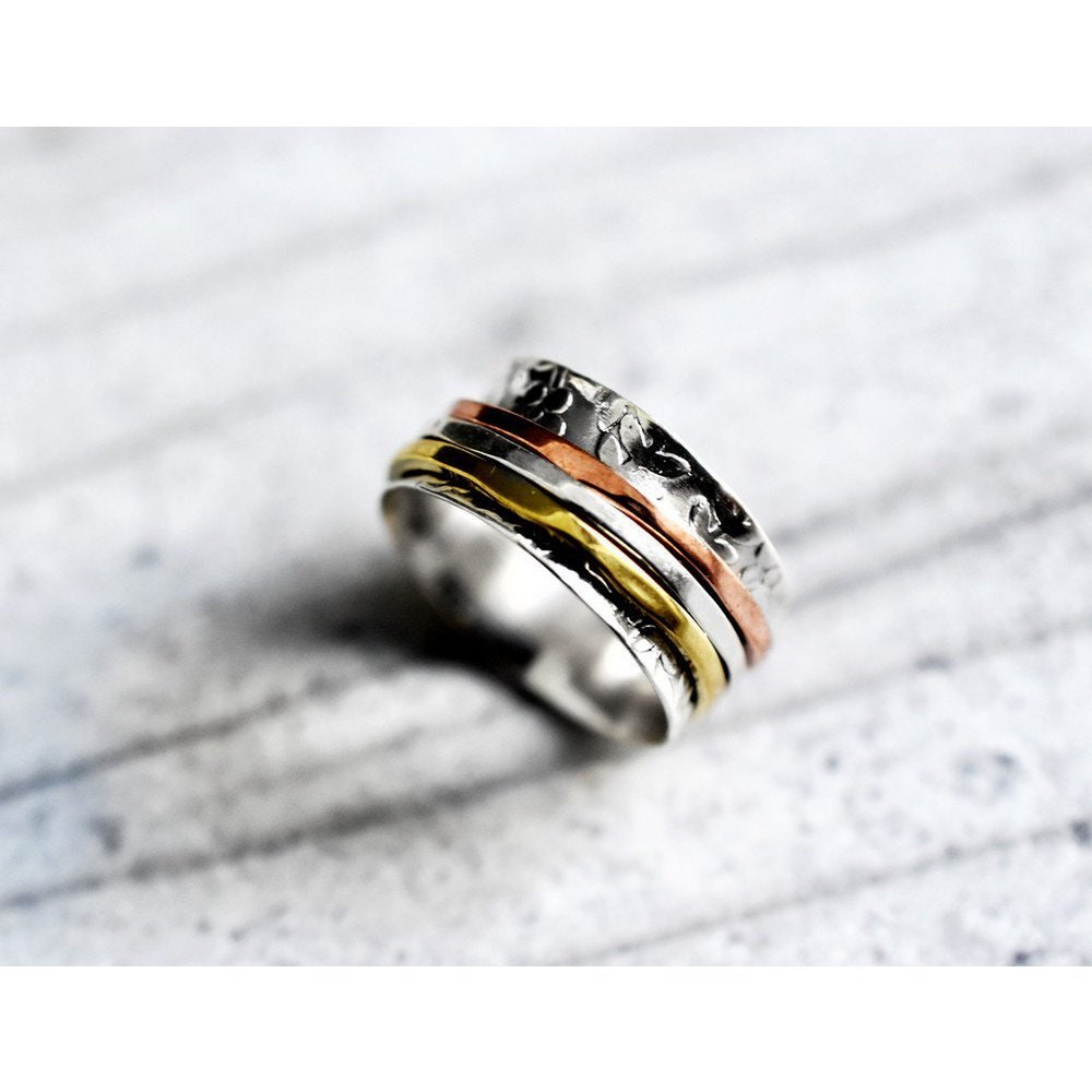 Floraler Meditationsring mit Dreifarbigen Band - 925 Sterling Silber Drehring - RG925-25