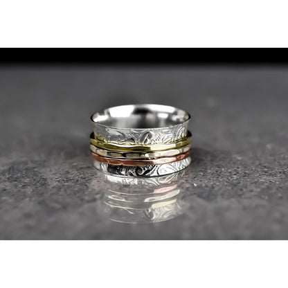 Floraler Meditationsring mit Dreifarbigen Band - 925 Sterling Silber Drehring - RG925-25