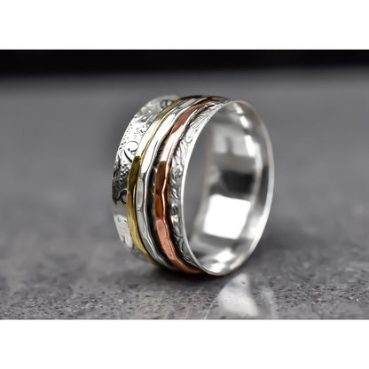 Floraler Meditationsring mit Dreifarbigen Band - 925 Sterling Silber Drehring - RG925-25