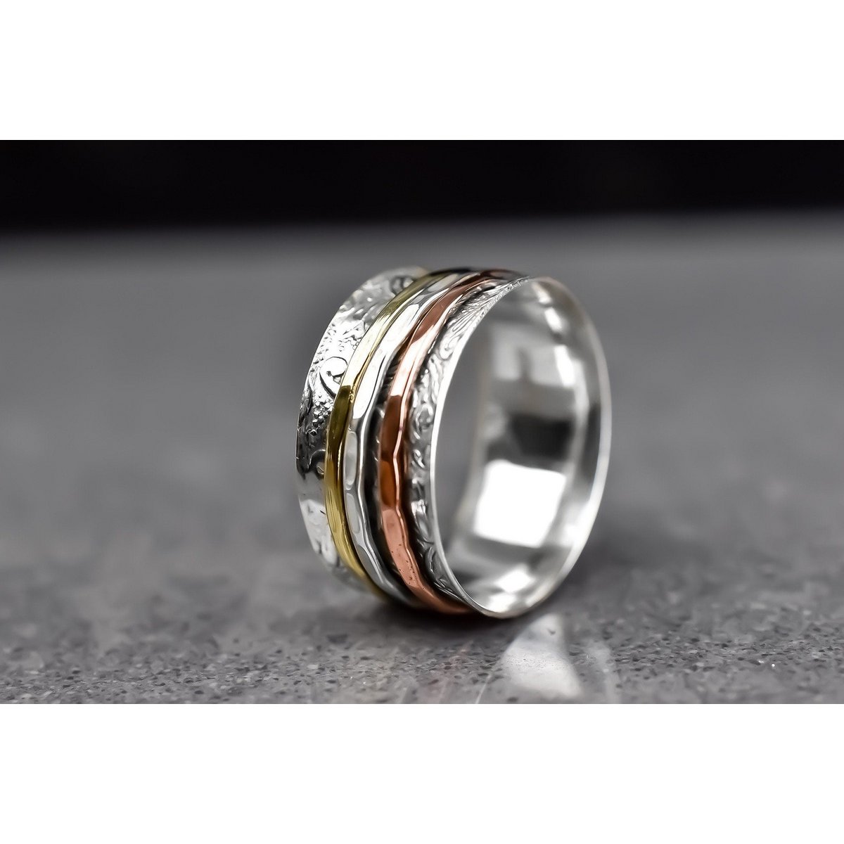 Floraler Meditationsring mit Dreifarbigen Band - 925 Sterling Silber Drehring - RG925-25