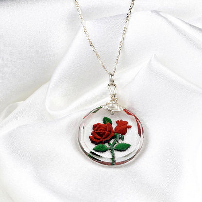 Gefrostete Rose Glas Anhänger Kette - 925 Sterling Silber 3D Symbolischer Schmuck - K925-47