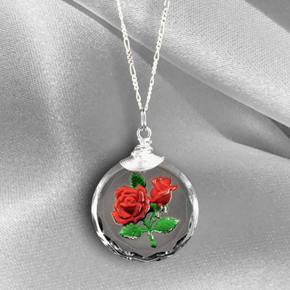 Gefrostete Rose Glas Anhänger Kette - 925 Sterling Silber 3D Symbolischer Schmuck - K925-47