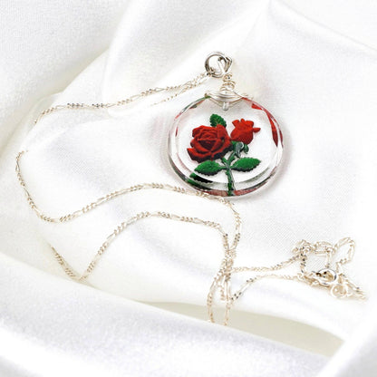 Gefrostete Rose Glas Anhänger Kette - 925 Sterling Silber 3D Symbolischer Schmuck - K925-47