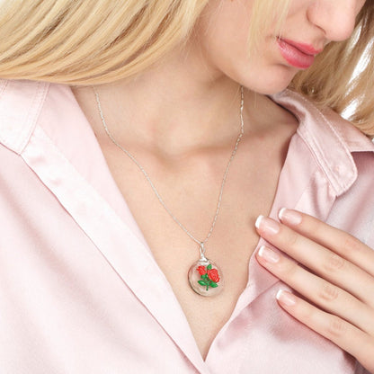 Gefrostete Rose Glas Anhänger Kette - 925 Sterling Silber 3D Symbolischer Schmuck - K925-47