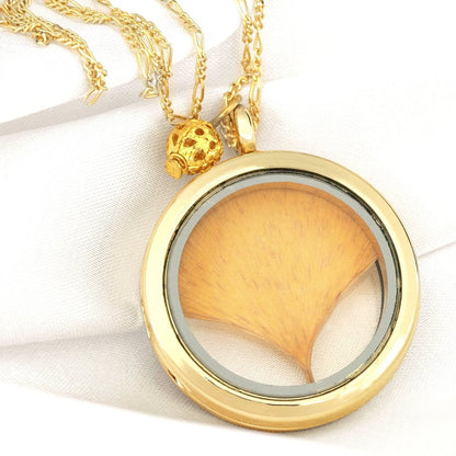 Ginkgo Blatt Gold Glas Amulett Anhänger - 925 Sterling Gold Vergoldete Kette - Naturschmuck - K925-28