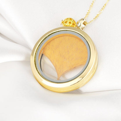 Ginkgo Blatt Gold Glas Amulett Anhänger - 925 Sterling Gold Vergoldete Kette - Naturschmuck - K925-28