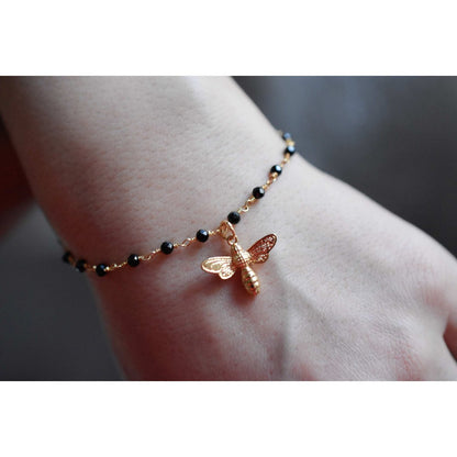 Gold Hummel Armband mit Onyx - Edelsteinarmband mit zierlichem Bienen Anhänger - Retarm-46