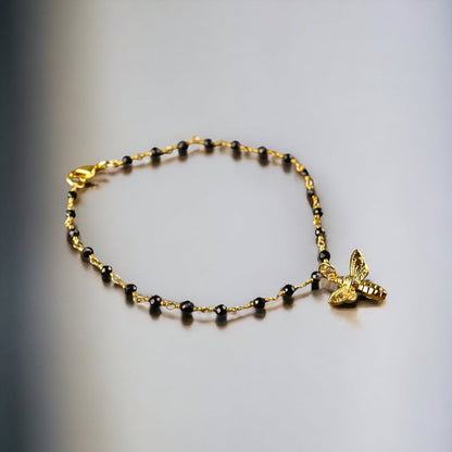 Gold Hummel Armband mit Onyx - Edelsteinarmband mit zierlichem Bienen Anhänger - Retarm-46