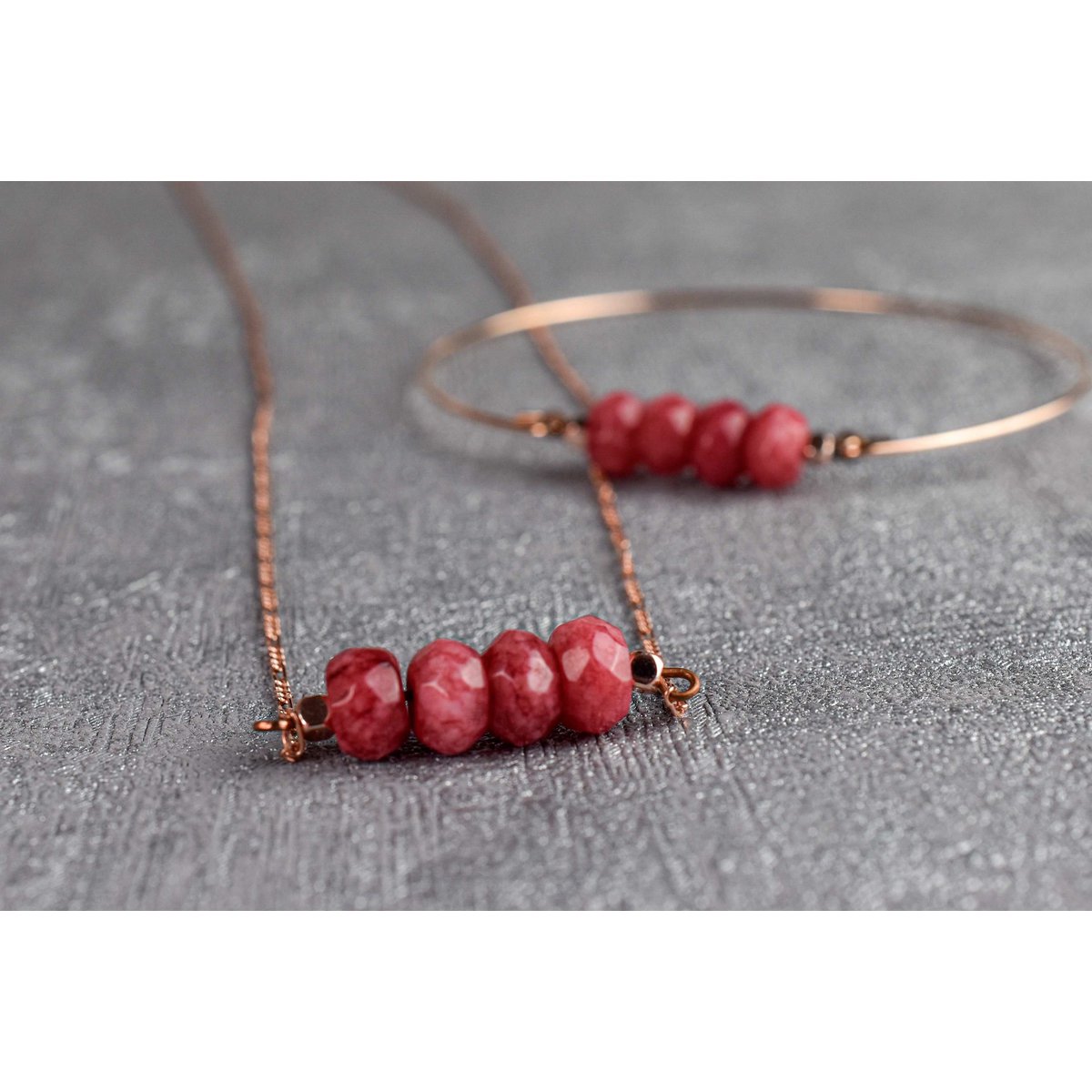 Jade Rondellen Armreif - Rosegold Vergoldeter Granatapfel Rot Edelstein Schmuck - RETARM-47